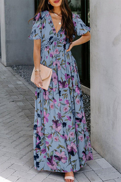 Elegantes vestidos de línea A con cuello en V y patchwork floral