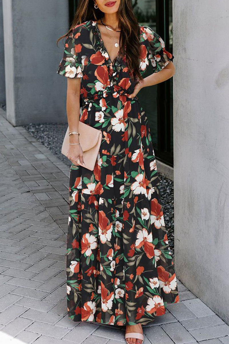 Elegantes vestidos de línea A con cuello en V y patchwork floral