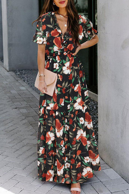 Elegantes vestidos de línea A con cuello en V y patchwork floral