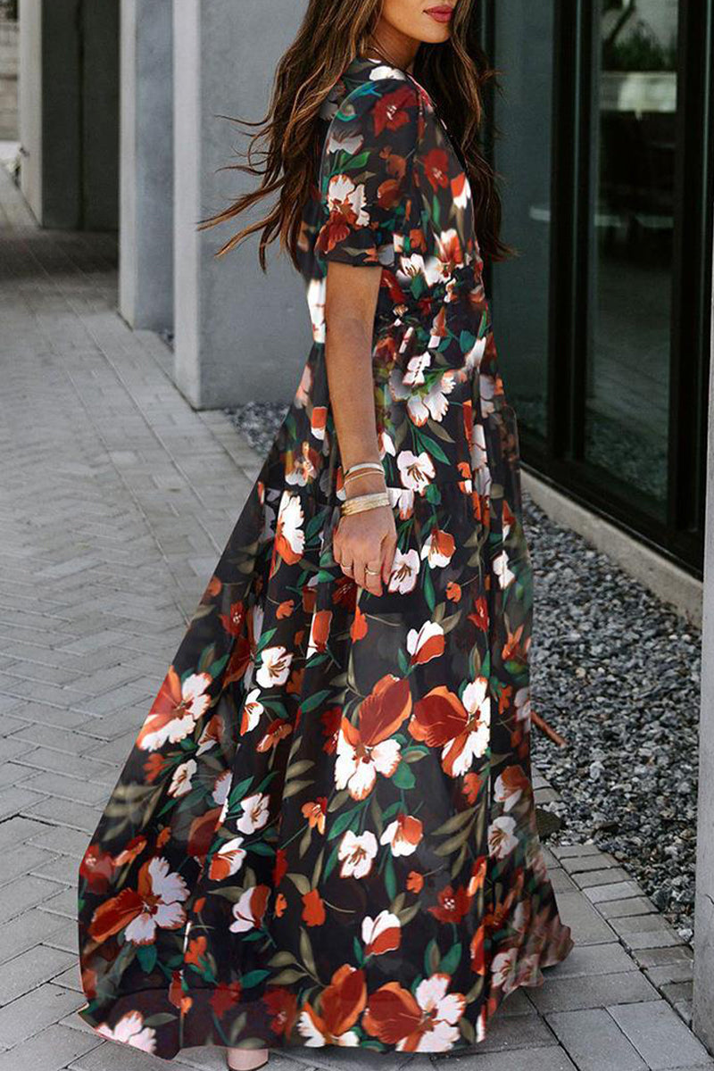 Elegantes vestidos de línea A con cuello en V y patchwork floral