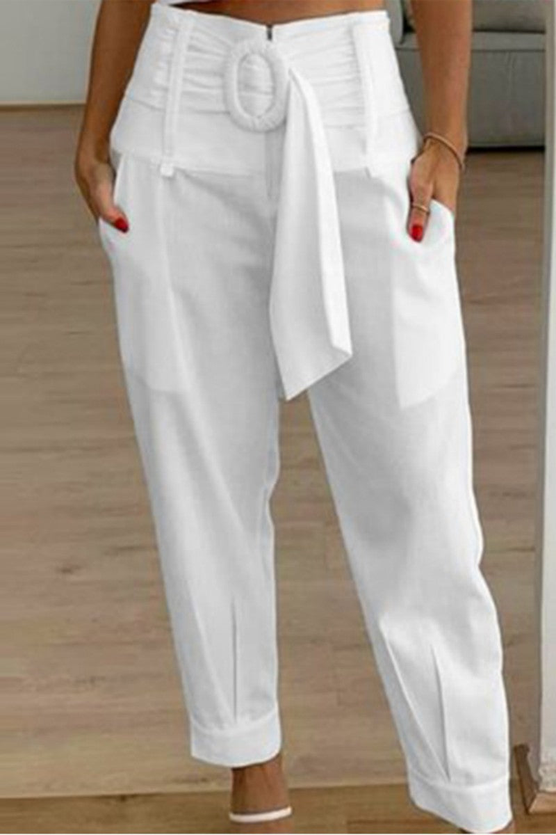 Pantalones casuales de color sólido con parches, cintura alta, convencionales y de color sólido