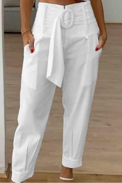 Pantalones casuales de color sólido con parches, cintura alta, convencionales y de color sólido