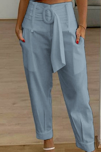 Pantalones casuales de color sólido con parches, cintura alta, convencionales y de color sólido