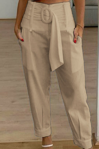 Pantalones casuales de color sólido con parches, cintura alta, convencionales y de color sólido