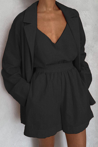Conjunto informal de tres piezas con cuello vuelto, manga larga y bolsillos sólidos