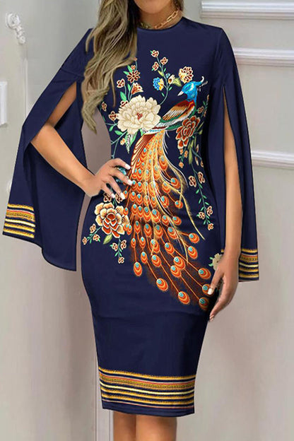 Vestidos elegantes de cuello redondo con patchwork y estampados de celebridades