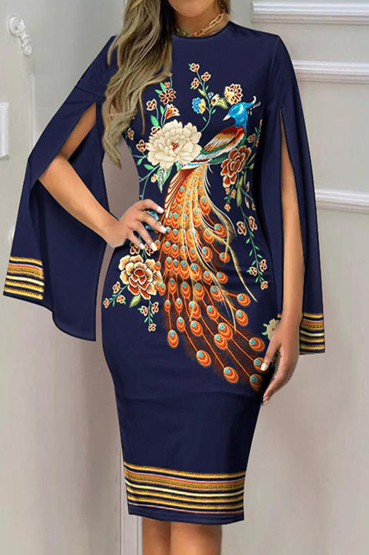 Vestidos elegantes de cuello redondo con patchwork y estampados de celebridades