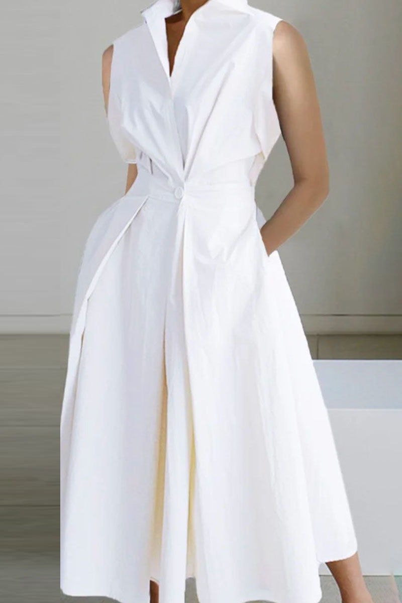 Casual Print Patchwork Buttons Fold Mandarin Collar A Line Dresses(8 Colors)
