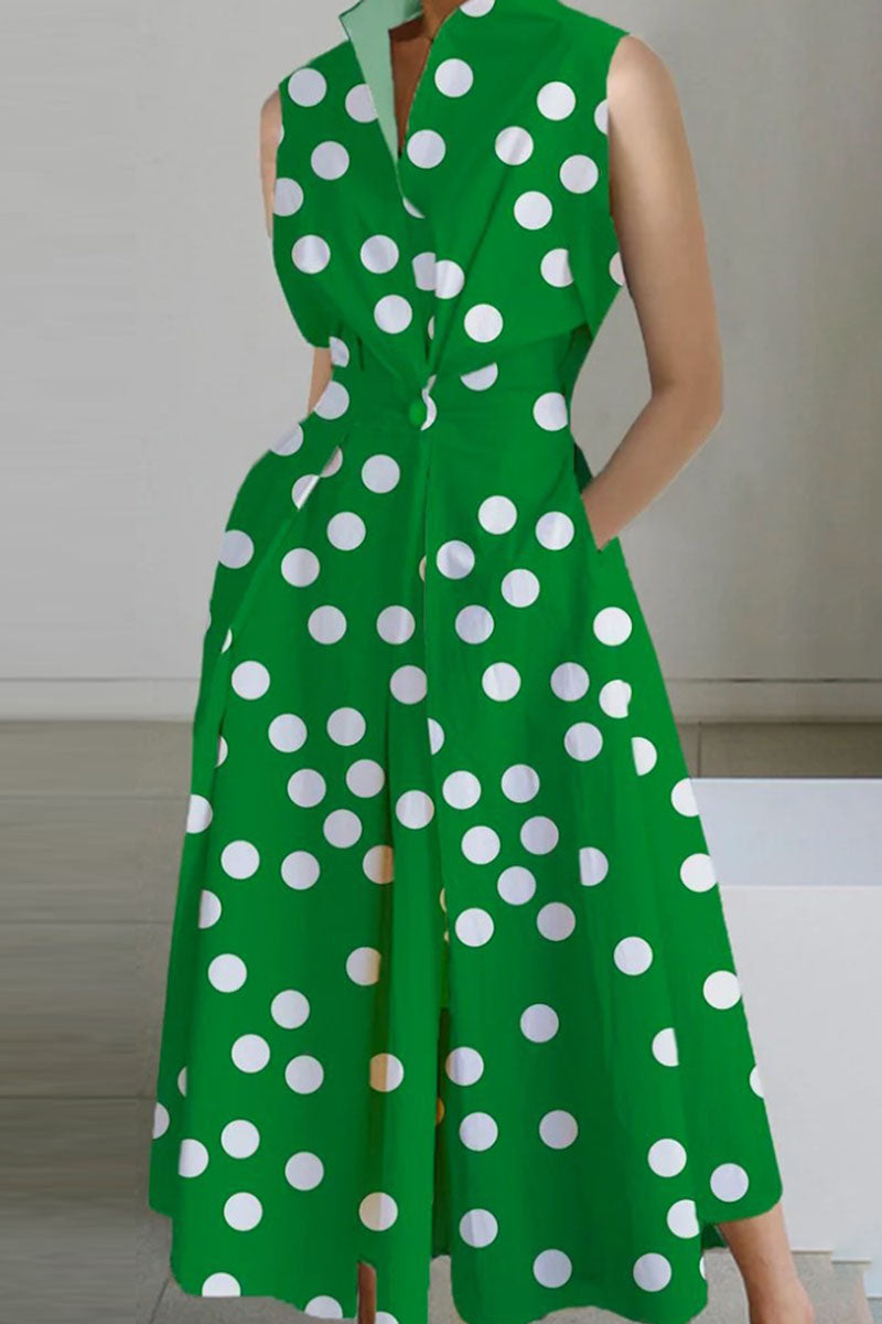 Casual Print Patchwork Buttons Fold Mandarin Collar A Line Dresses(8 Colors)