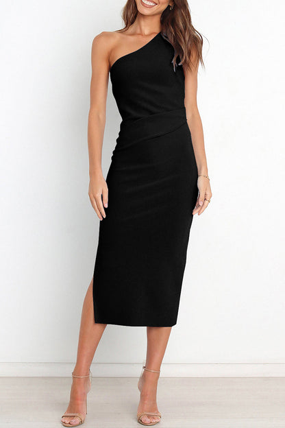 Vestidos sexys sencillos de corte A con cuello oblicuo y pliegues lisos (3 colores)