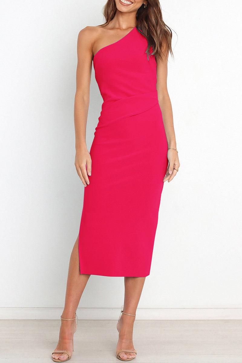 Vestidos sexys sencillos de corte A con cuello oblicuo y pliegues lisos (3 colores)