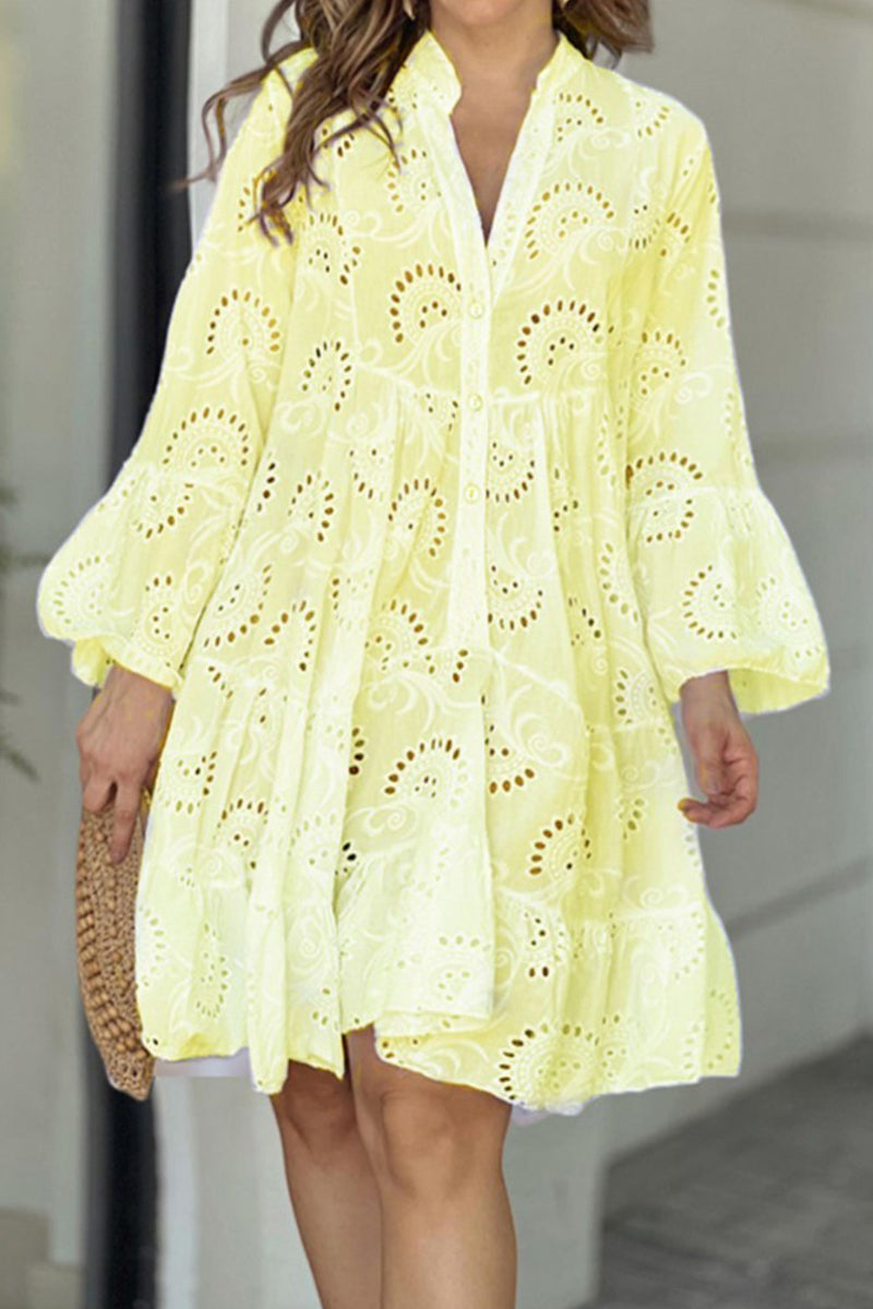 Elegante vestido de encaje liso con escote en V ahuecado (5 colores)