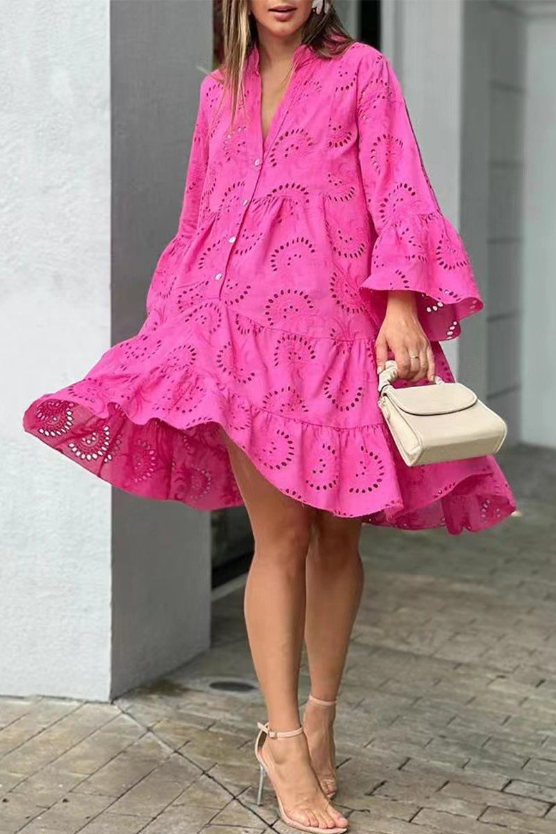 Elegante vestido de encaje liso con escote en V ahuecado (5 colores)