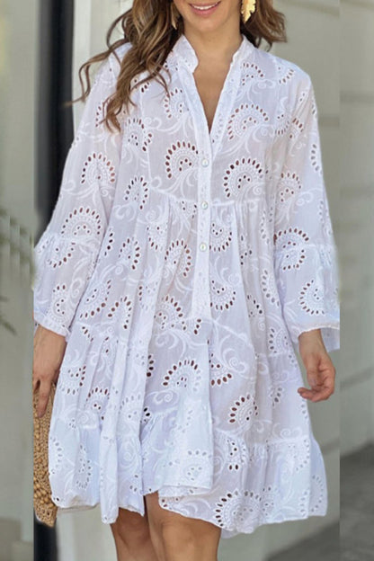 Elegante vestido de encaje liso con escote en V ahuecado (5 colores)