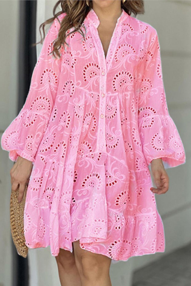 Elegante vestido de encaje liso con escote en V ahuecado (5 colores)