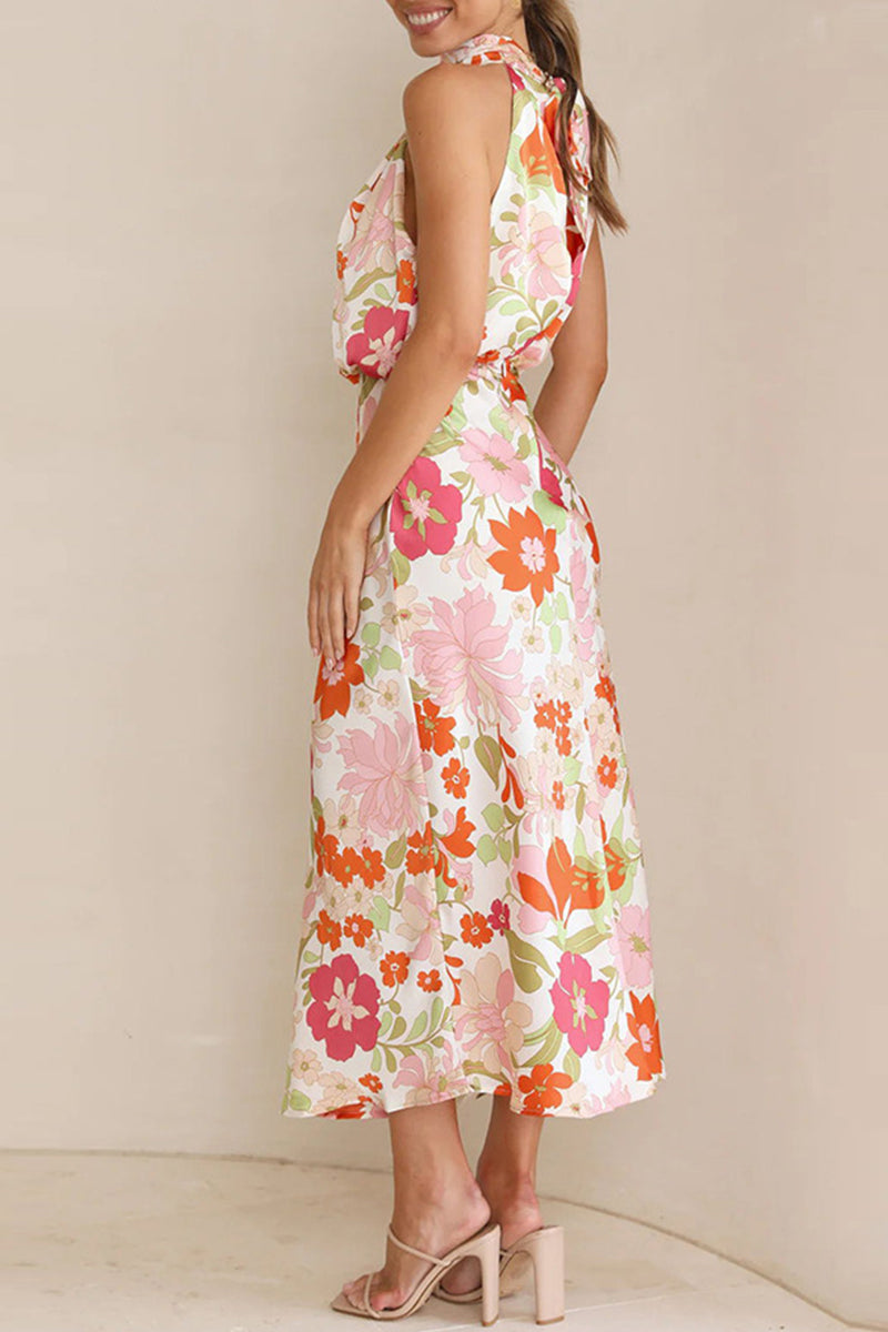 Vestidos elegantes de celebridades con estampado de patchwork, cuello asimétrico y falda de un solo paso