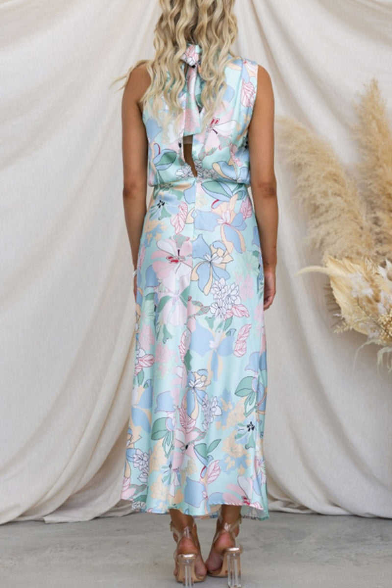 Vestidos elegantes de celebridades con estampado de patchwork, cuello asimétrico y falda de un solo paso