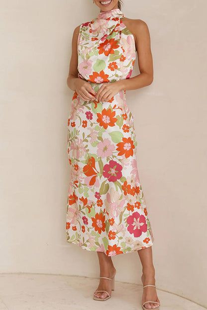 Vestidos elegantes de celebridades con estampado de patchwork, cuello asimétrico y falda de un solo paso
