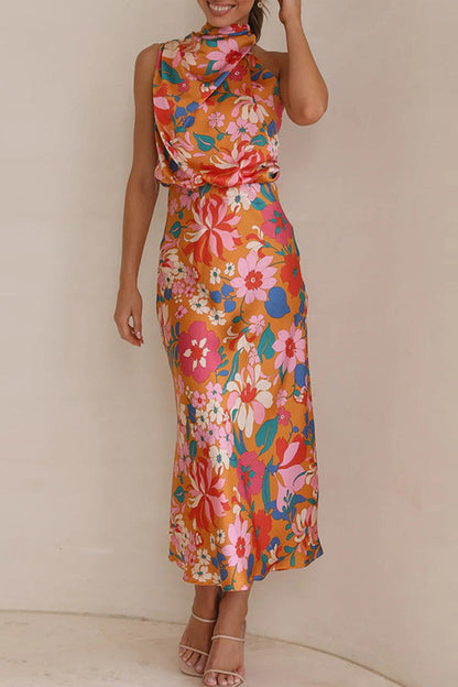 Vestidos elegantes de celebridades con estampado de patchwork, cuello asimétrico y falda de un solo paso
