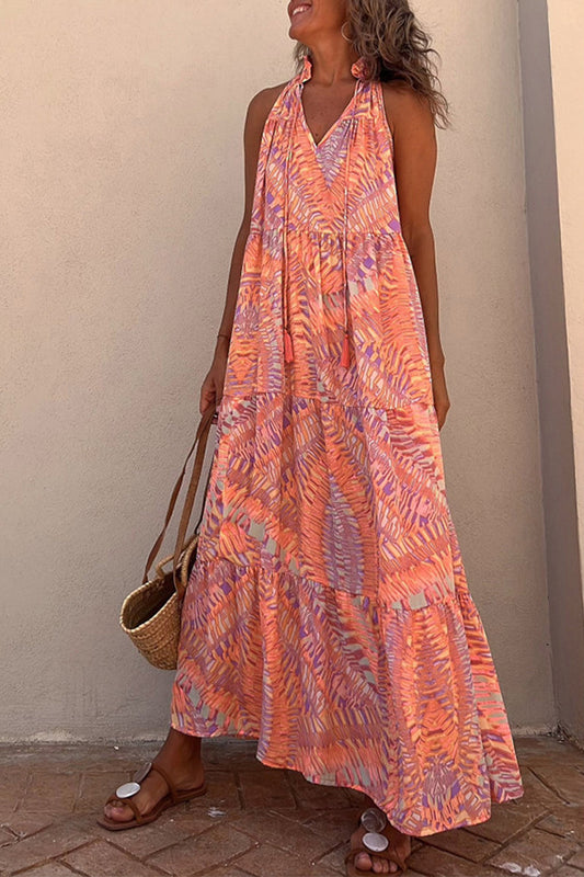 Vestido informal de vacaciones con estampado de patchwork y cuello halter