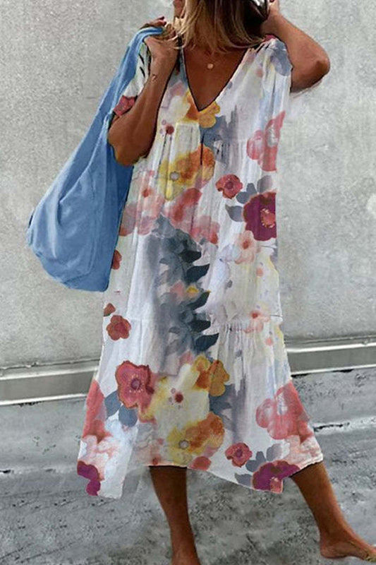 Vestido informal de manga corta con cuello en V y estampado de patchwork