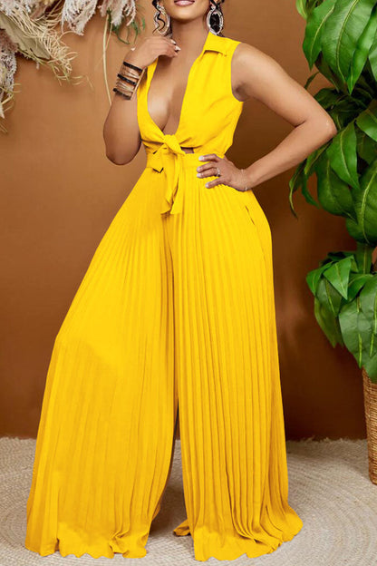 Sexy Solid Bandage Hollowed Out Patchwork Fold Turndown Collar Straight Jumpsuits