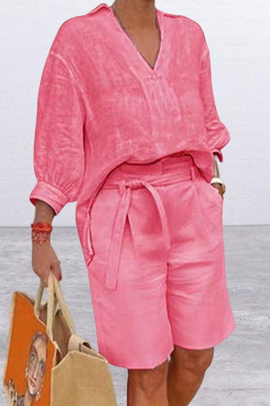Conjunto informal sencillo de dos piezas con cuello en V, manga larga y bolsillos lisos (4 colores)