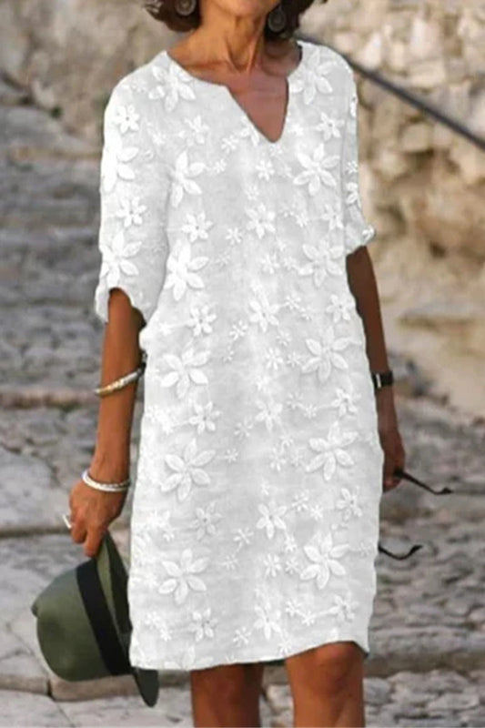 Vestido informal sencillo de patchwork liso con cuello en V y manga corta