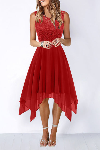 Elegante vestido de noche formal liso asimétrico con cuello redondo