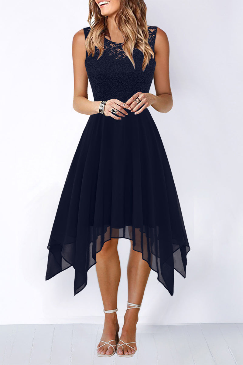 Elegante vestido de noche formal liso asimétrico con cuello redondo (8 colores)