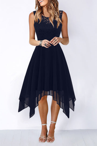 Elegante vestido de noche formal liso asimétrico con cuello redondo