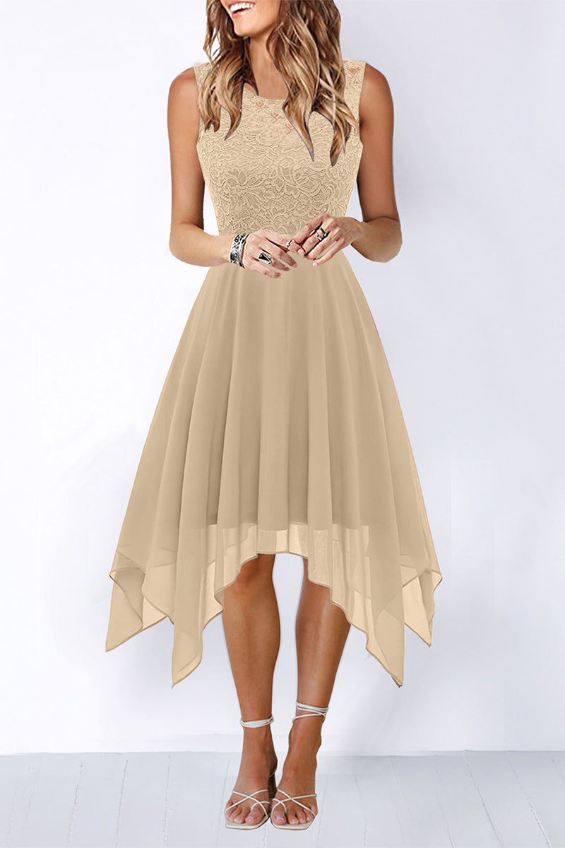 Elegante vestido de noche formal liso asimétrico con cuello redondo