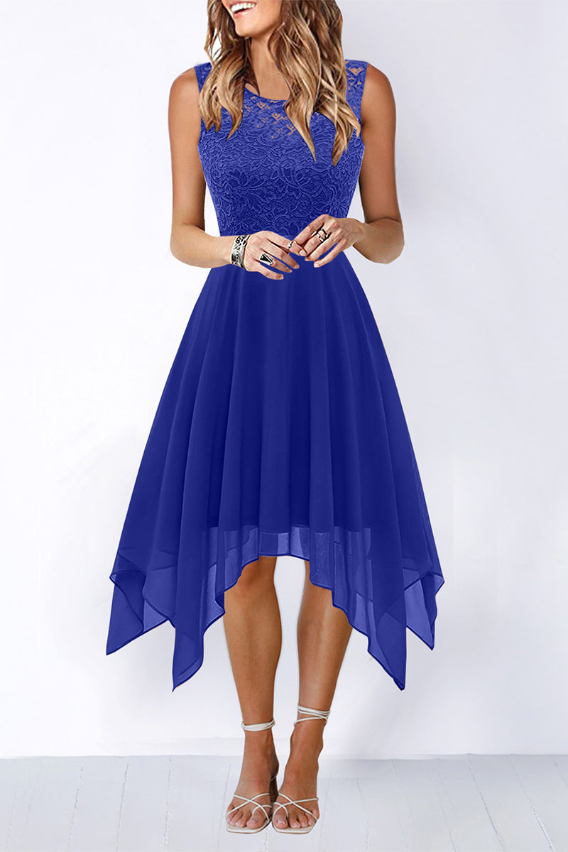 Elegante vestido de noche formal liso asimétrico con cuello redondo