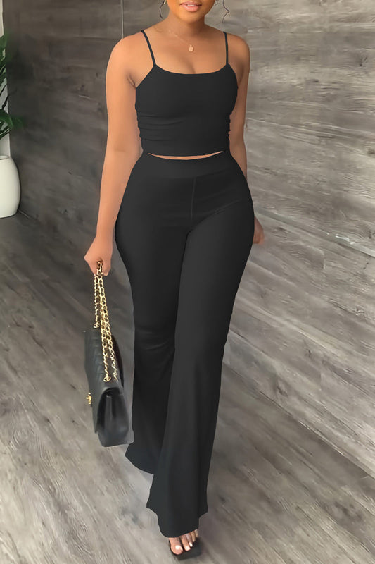 Conjunto informal sencillo de dos piezas, liso, sin espalda, cuello en U, sin mangas
