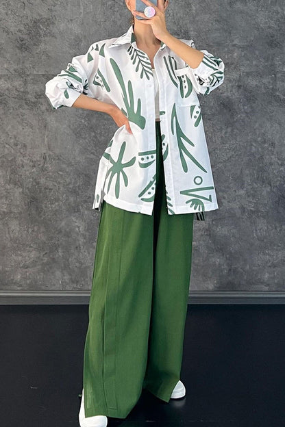 Conjunto de dos piezas con cuello vuelto, manga larga y estampado casual de patchwork