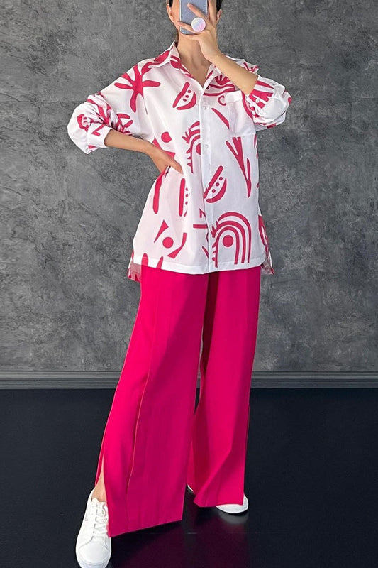 Conjunto de dos piezas con cuello vuelto, manga larga y estampado casual de patchwork