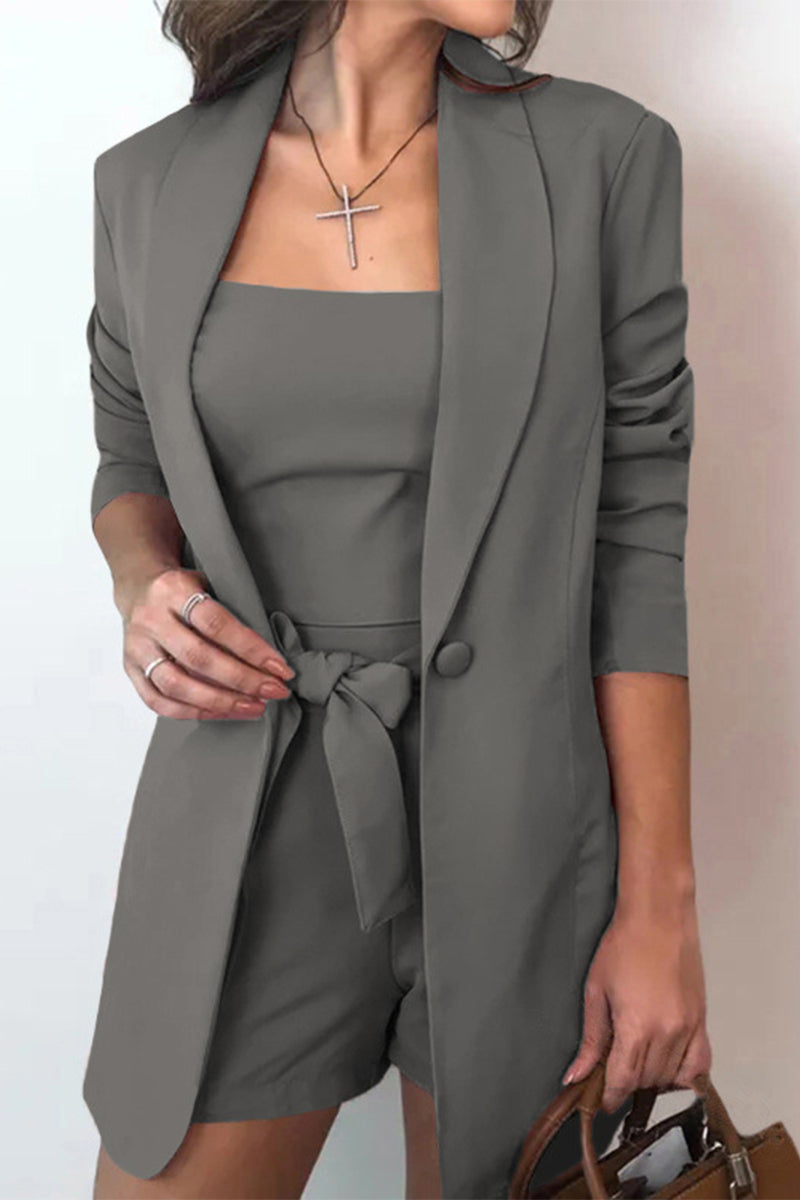 Conjunto informal liso con lazo y cuello vuelto, tres piezas (12 colores)