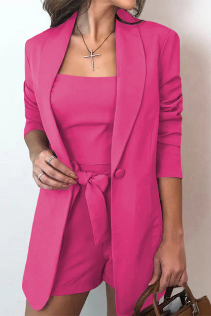 Conjunto informal liso con lazo y cuello vuelto, tres piezas (12 colores)