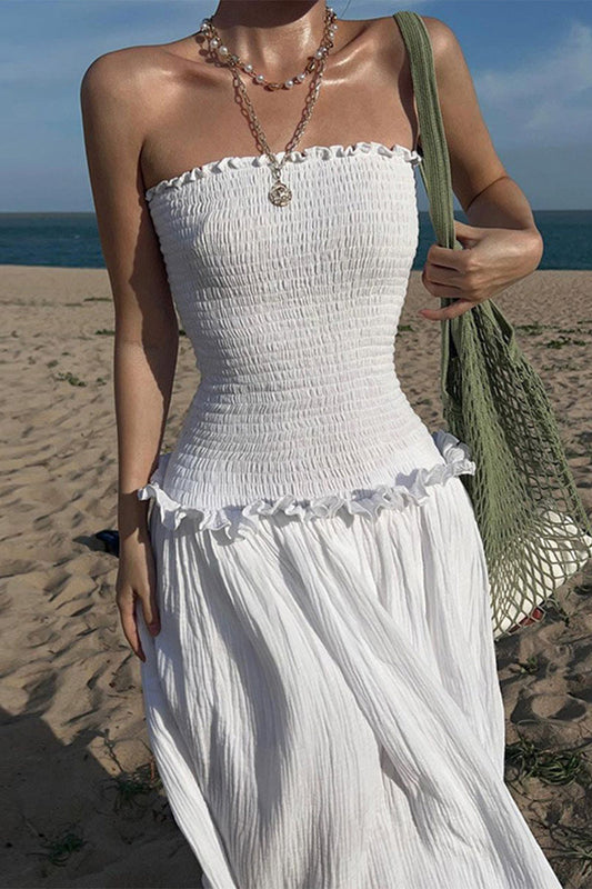 Vestidos casuales de diario con pliegues sólidos, sin tirantes y plisados