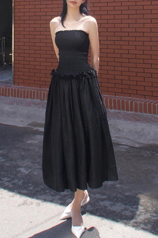 Vestidos casuales de diario con pliegues sólidos, sin tirantes y plisados