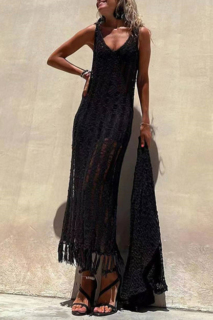 Vestido sexy con escote en V, tirantes finos y borlas sólidas