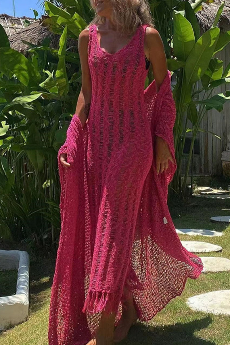 Vestido sexy con escote en V, tirantes finos y borlas sólidas