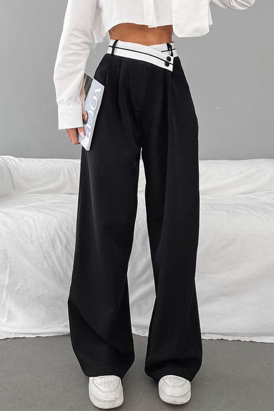 Pantalones casuales de patchwork con bloques de colores, contraste, holgados, de cintura alta y pierna ancha
