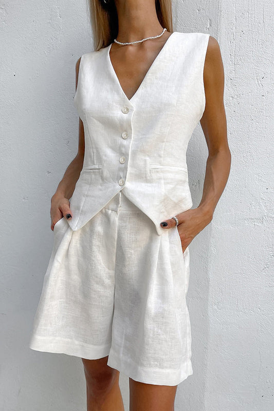 Conjunto informal de dos piezas con cuello en V, sin mangas y bolsillos sólidos (6 colores)