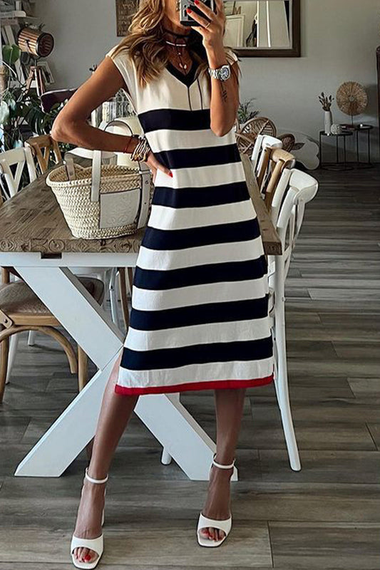 Vestido informal de rayas con cuello en V y estampado de patchwork