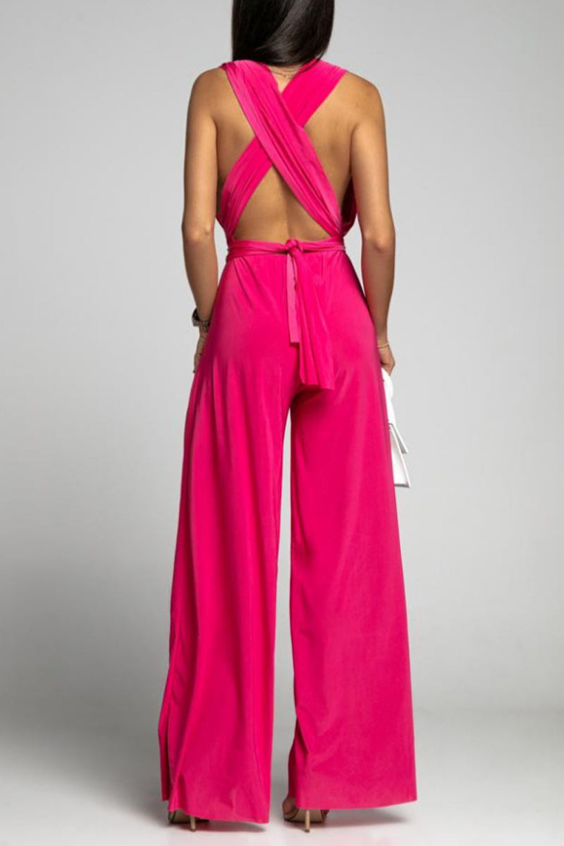 Mono informal elegante de color liso con espalda descubierta y tirantes cruzados en escote en V (4 colores)