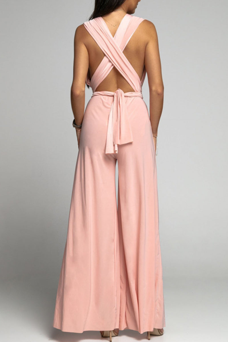 Mono informal elegante de color liso con espalda descubierta y tirantes cruzados en escote en V (4 colores)