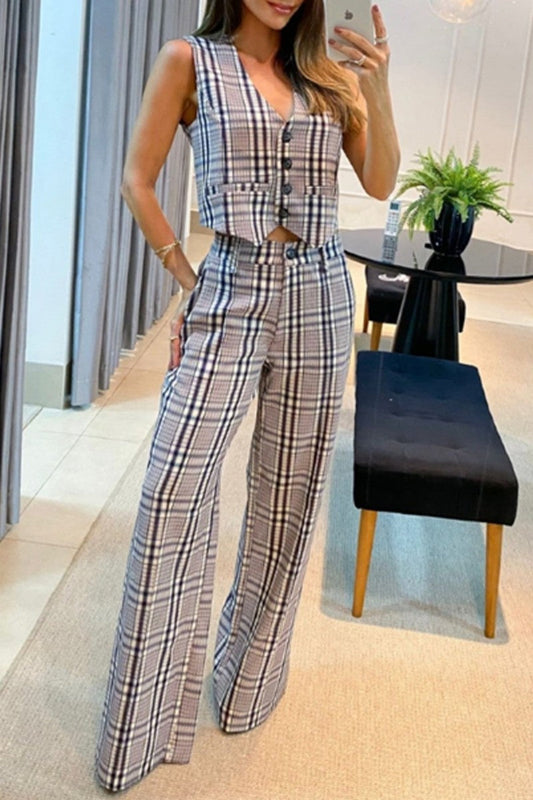 Conjunto informal de dos piezas con cuello en V, sin mangas y estampado de cuadros escoceses