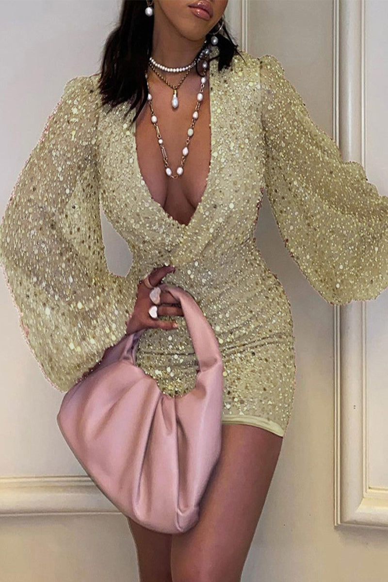 Elegante vestido de falda lápiz con escote en V y lentejuelas lisas (6 colores)