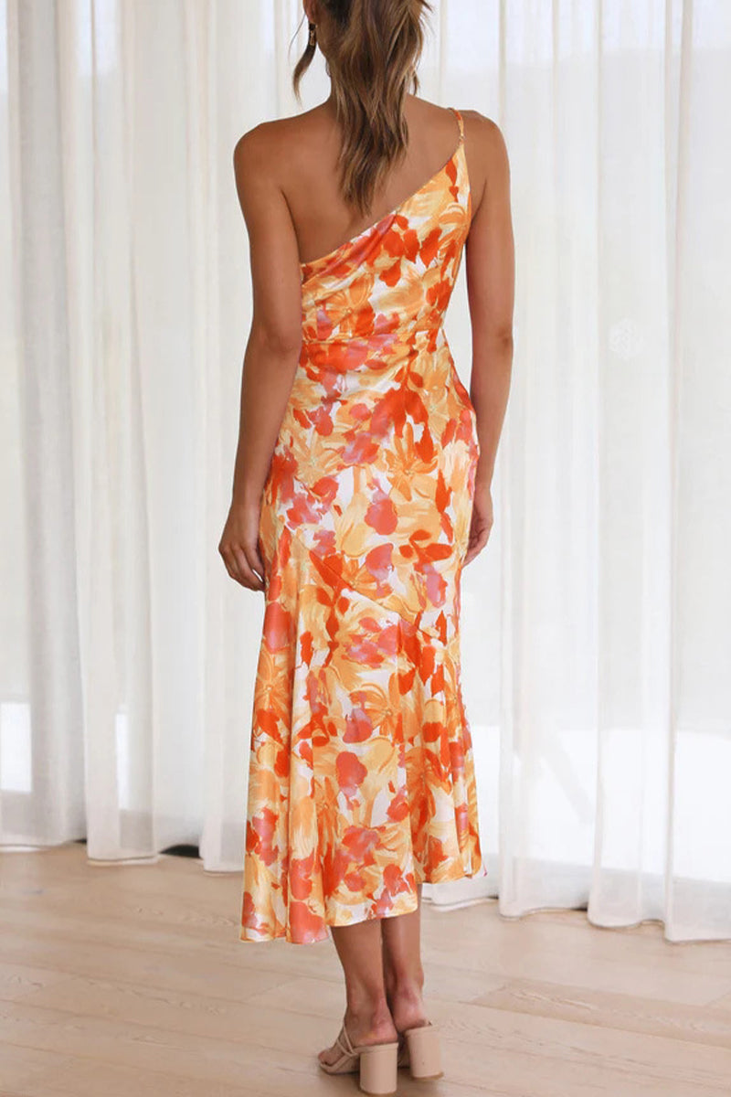 Elegante vestido de sirena con cuello oblicuo, sin espalda y estampado floral (6 colores)